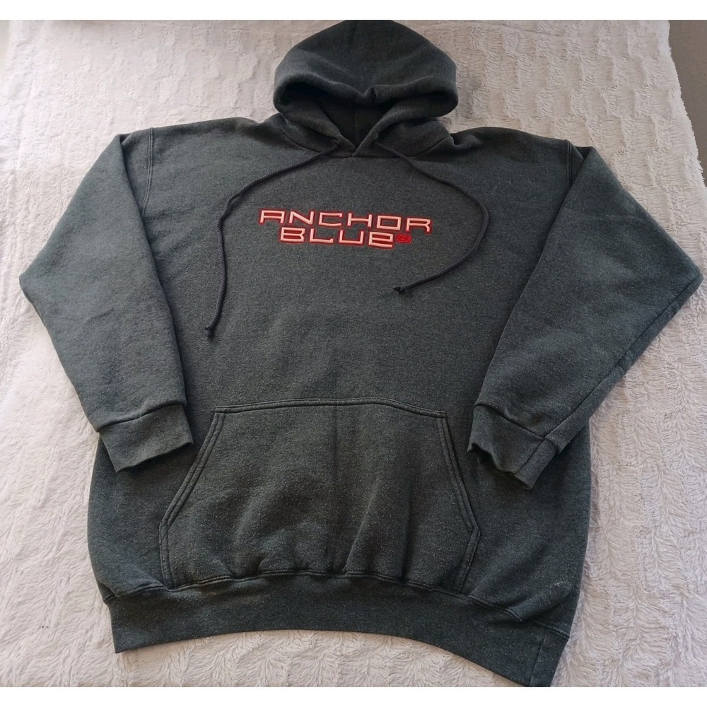 Vintage Y2K Anchor Blue Embroidered Pullover Hoodie Sweatshirt Men's Large Gray
